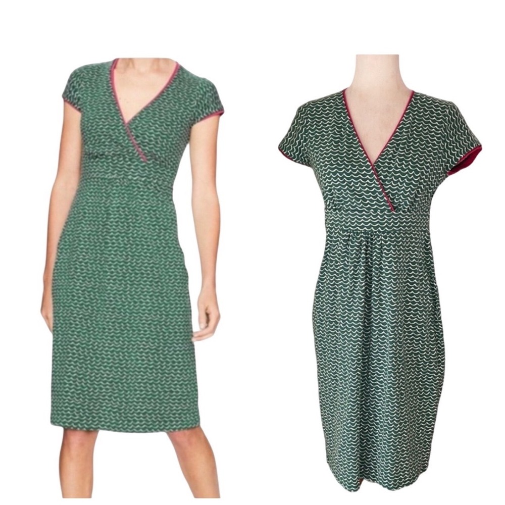 Boden Green White Wave Print Faux Wrap Jersey Dress Pink Trim Cap Sleeve Womens